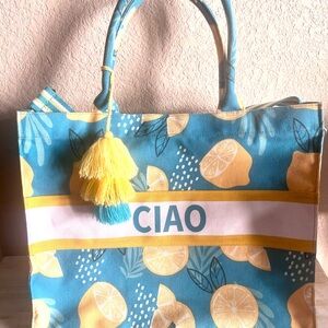 Twig and Arrow Lemon Print Tote Bag - Blue and Yellow